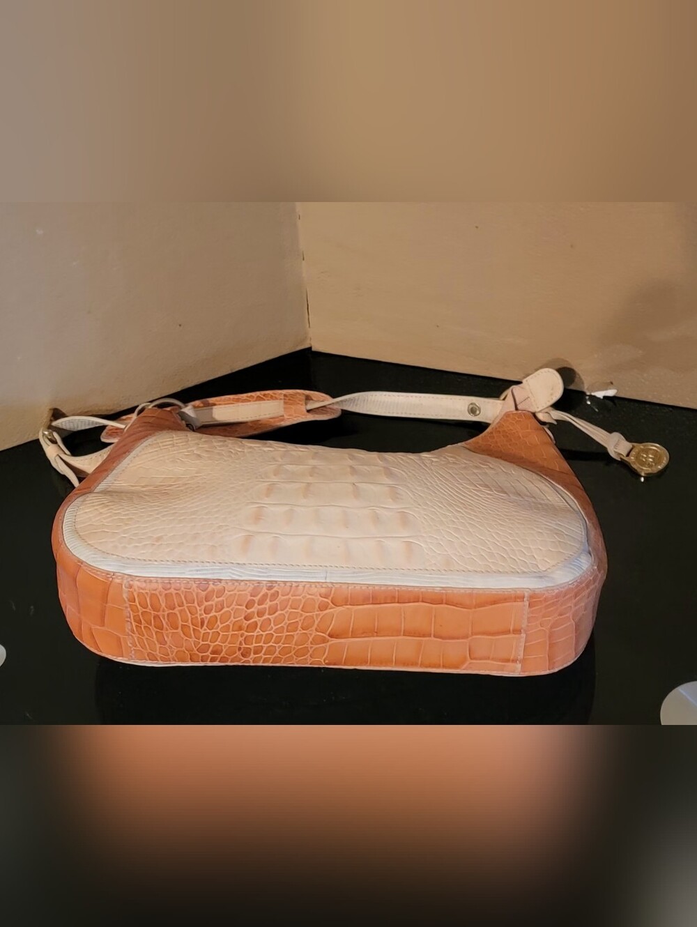 BRAHMIN Two-Tone Cream and Tan Croc-Embossed Shoulder Bag - Picture 7 of 16